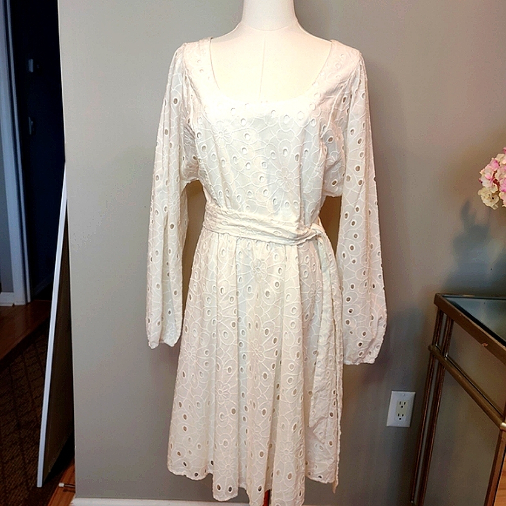 London Times Cream Bishop Sleeve Midi Dress